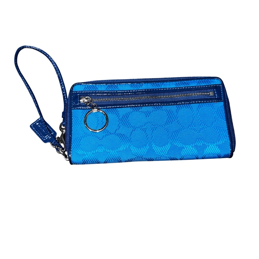 Coach Double Zip Phone Wallet Wristlet Blue Signature Canvas Hot Pink EUC/N€W